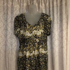 SHEIN Olive & Cream Floral Print Midi Dress with Puff Sleeves